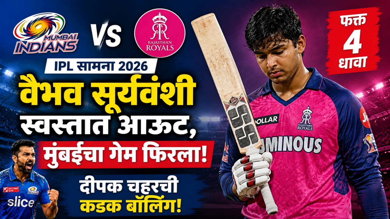 MI vs RR IPL Match 2026 वैभव सूर्यवंशी स्वस्तात आऊट, मुंबईचा गेम फिरला!