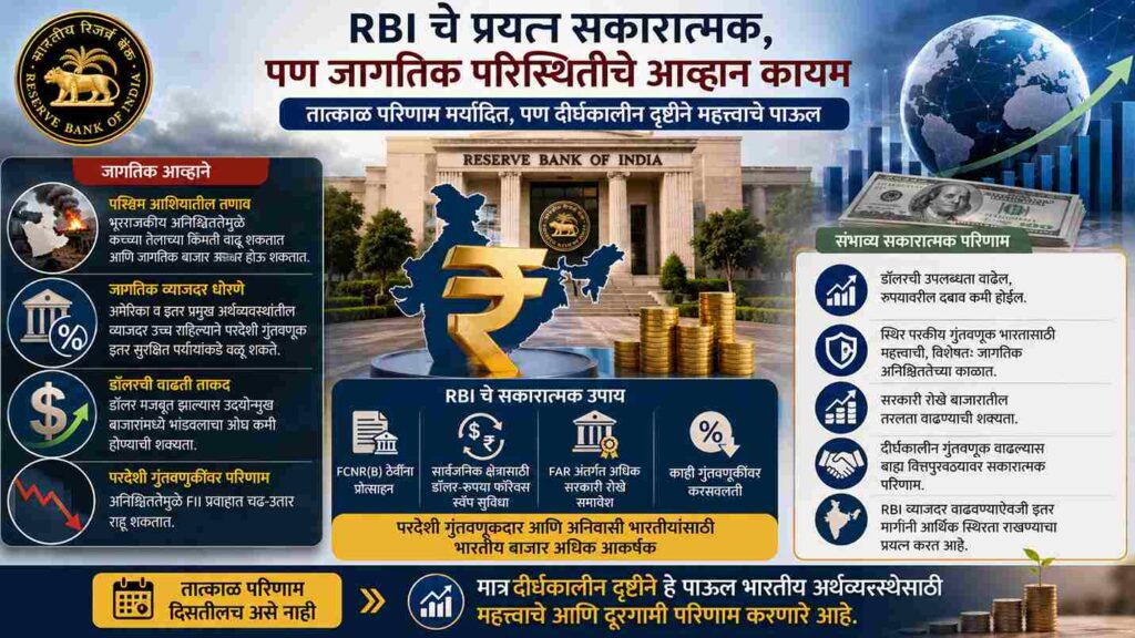 RBI चे प्रयत्न सकारात्मक असले तरी जागतिक परिस्थिती पूर्णपणे भारताच्या नियंत्रणात नाही. पश्चिम आशियातील तणाव, जागतिक व्याजदर धोरणे आणि डॉलरची वाढती ताकद यामुळे परदेशी गुंतवणूक प्रभावित होऊ शकते.म्हणूनच या उपायांमुळे तात्काळ परिणाम दिसतीलच असे नाही. मात्र दीर्घकालीन दृष्टीने हे पाऊल भारतीय अर्थव्यवस्थेसाठी महत्त्वाचे मानले जात आहे.